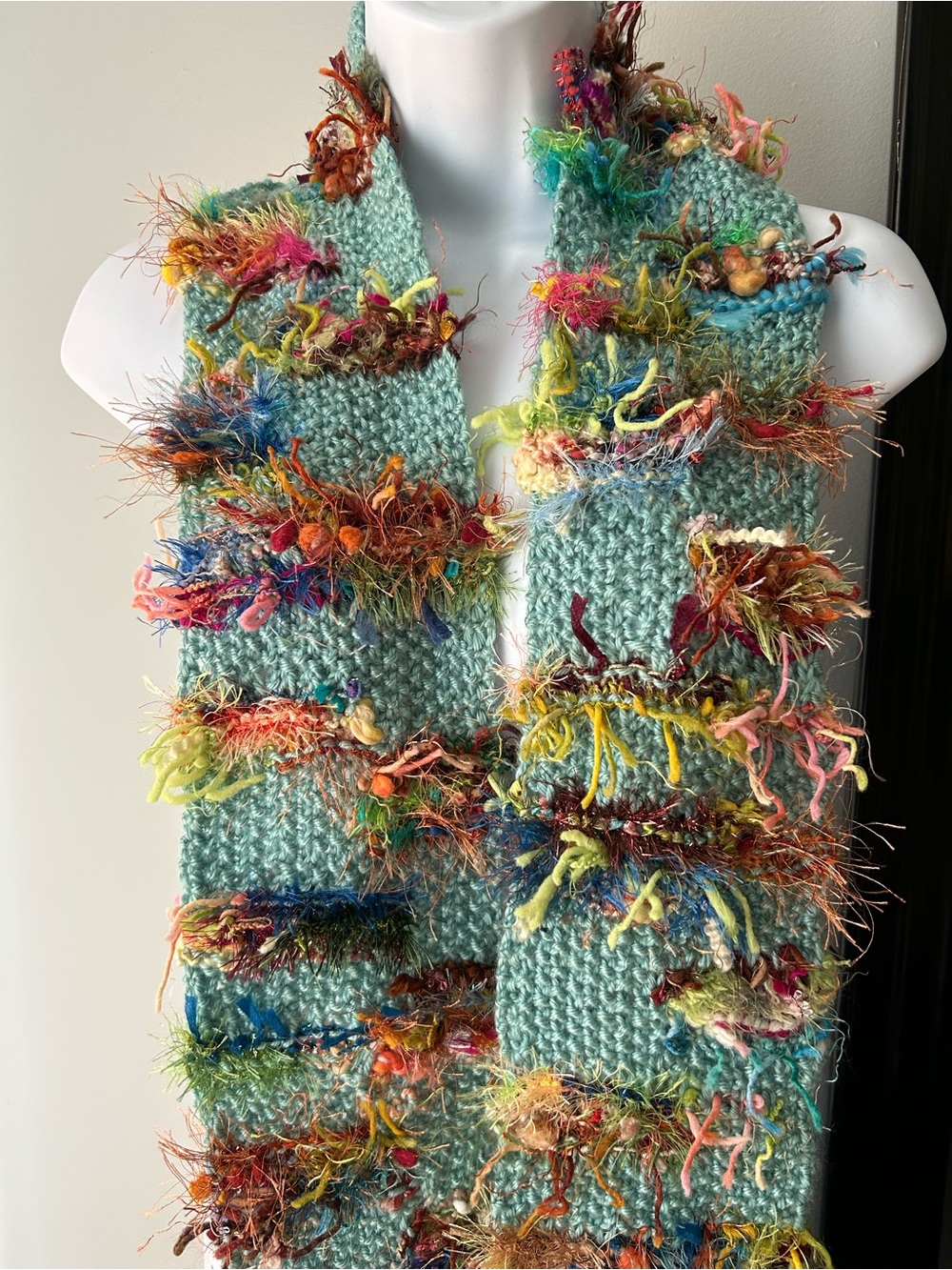 Aqua Knit Scarf with Multicolor Fringe Accents